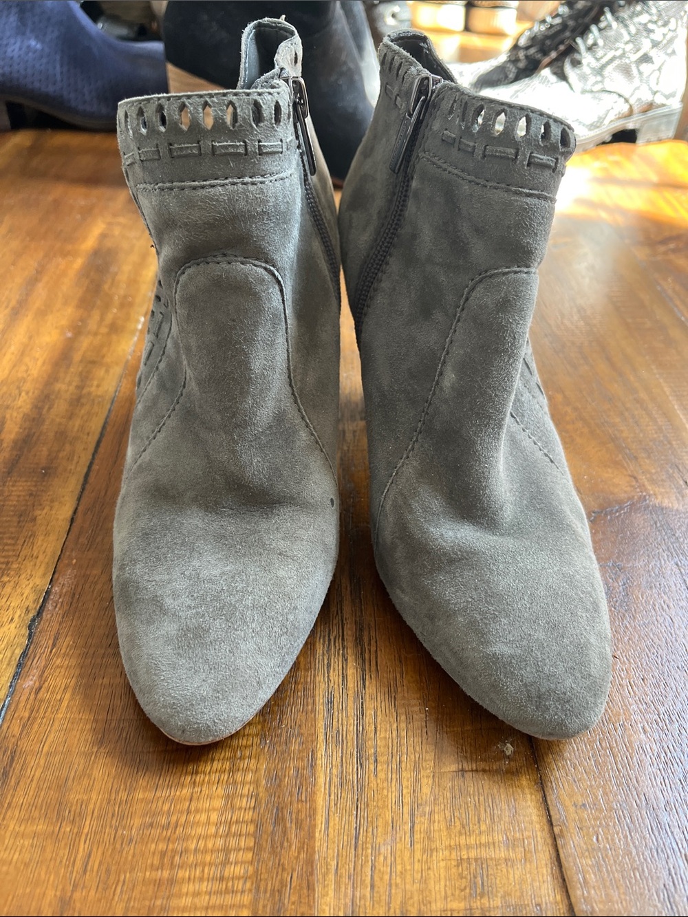 Vince Camuto Gray Suede Pointed Toe Ankle Booties